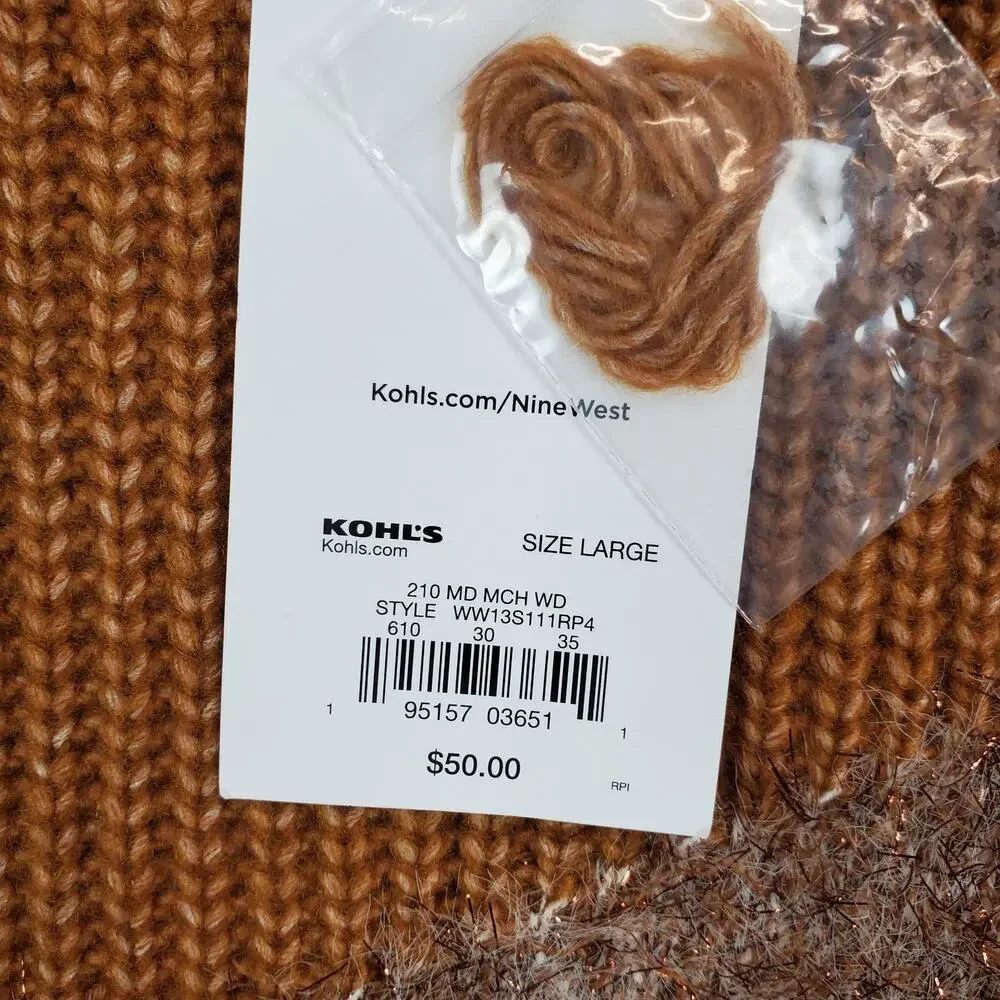 Nine West Women's Brown White Cable Knit Sweater Size L Chevron Colorblock NWT